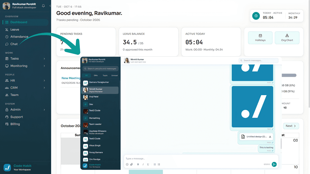 TrackHabit team chat with file sharing