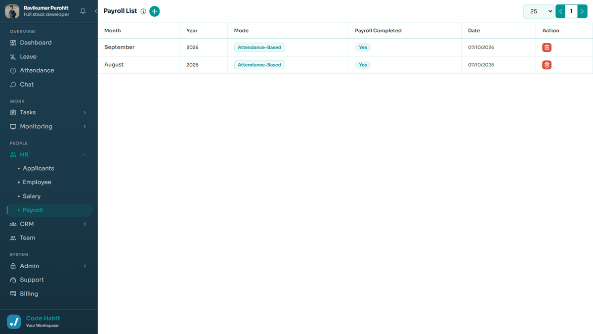 TrackHabit payroll processing screen