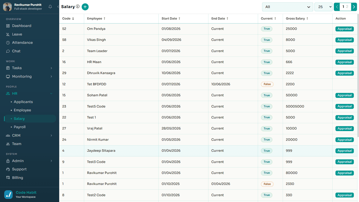 TrackHabit salary management screen
