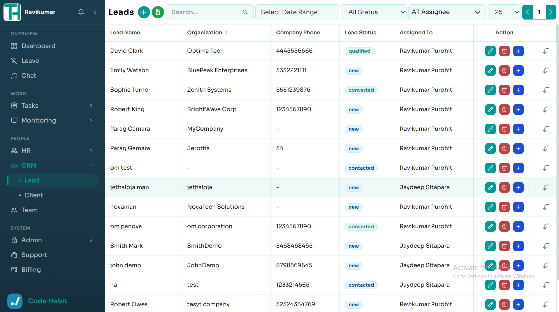 TrackHabit CRM lead list and pipeline view