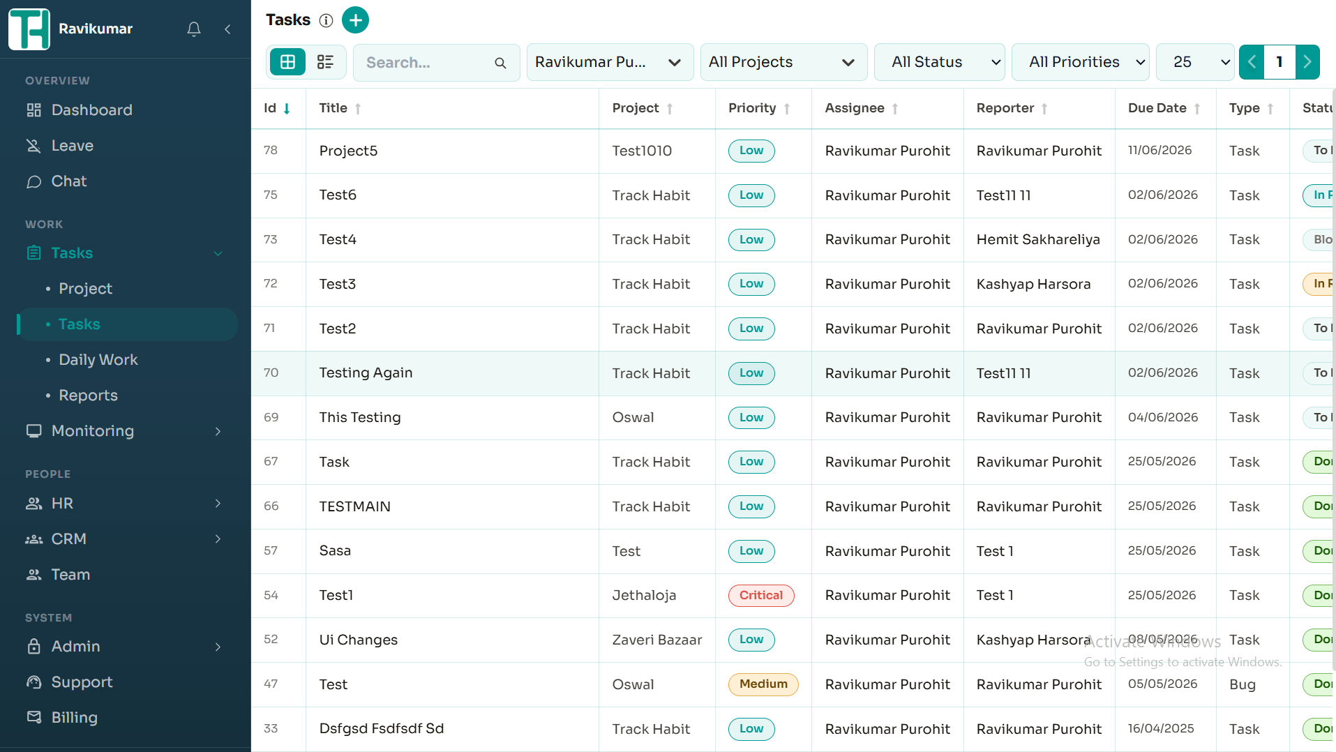 TrackHabit task list with status and priority